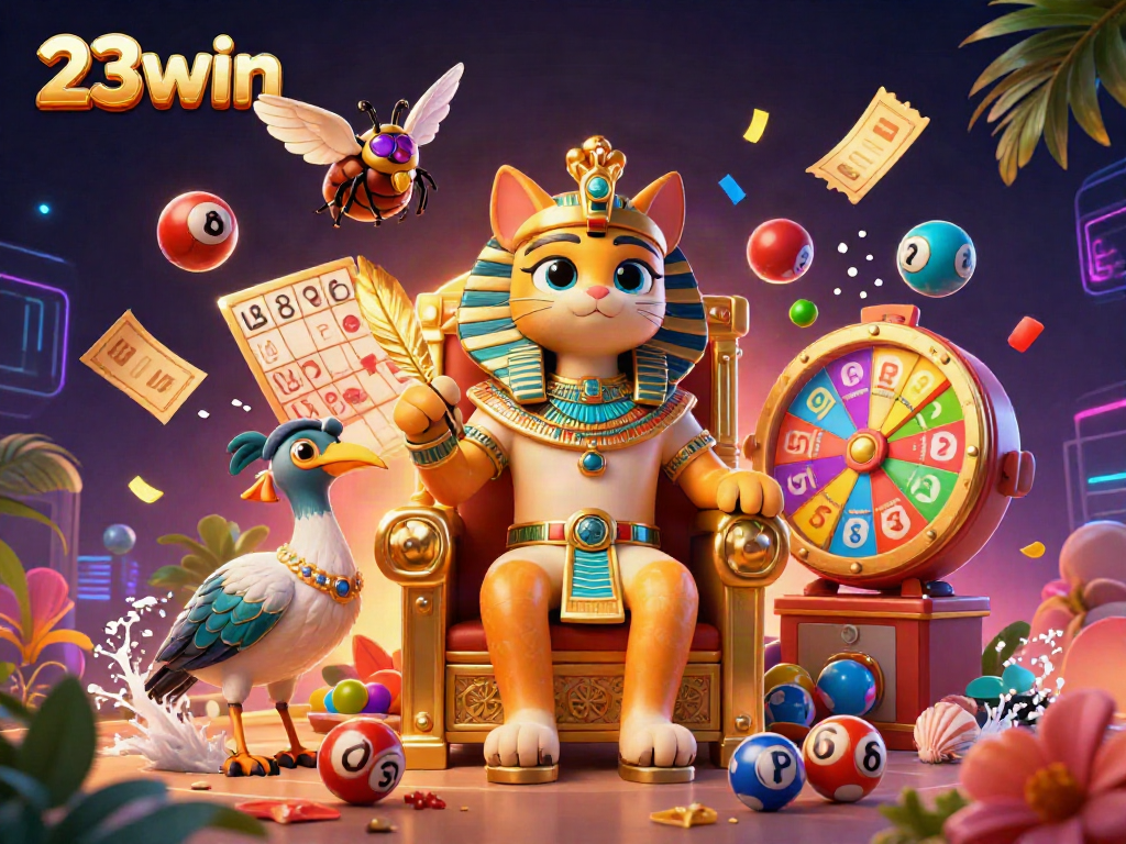 Experience the thrill of 23win with vibrant lottery elements and a captivating Egyptian pharaoh cat scene.