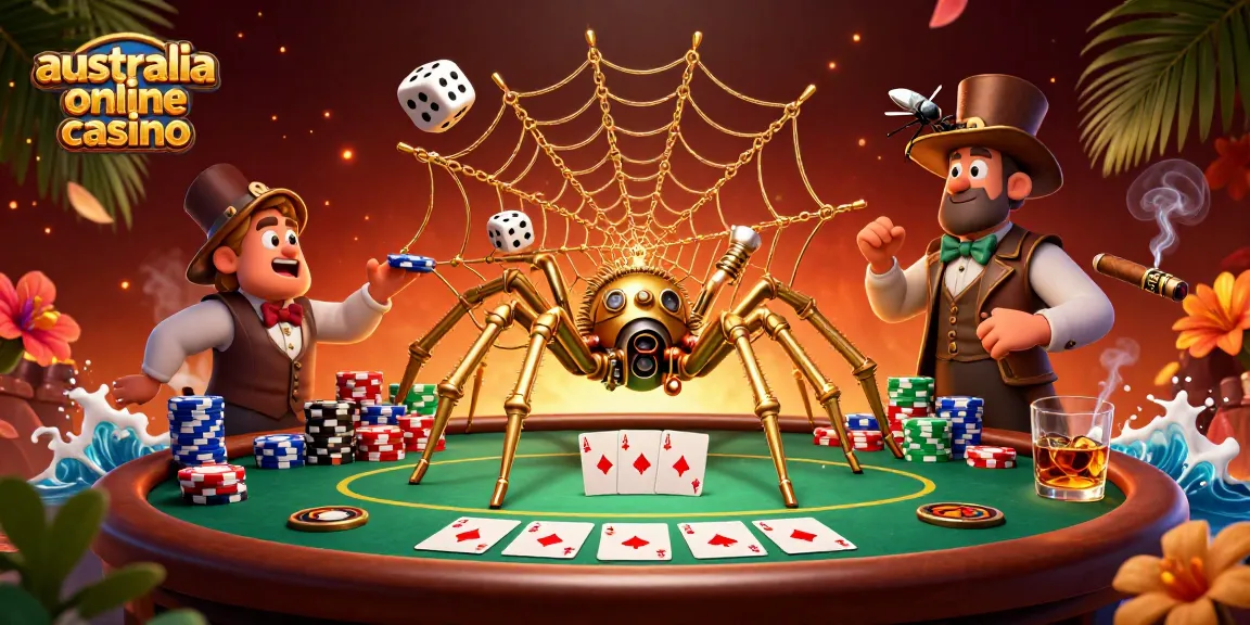 Engage with the vibrant scene of a steampunk spider capturing dice at an australia online casino.