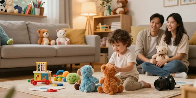 Juguetes Ya: niños felices jugando con peluches y juguetes en un ambiente acogedor.