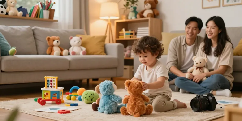 Juguetes Ya: niños felices jugando con peluches y juguetes en un ambiente acogedor.