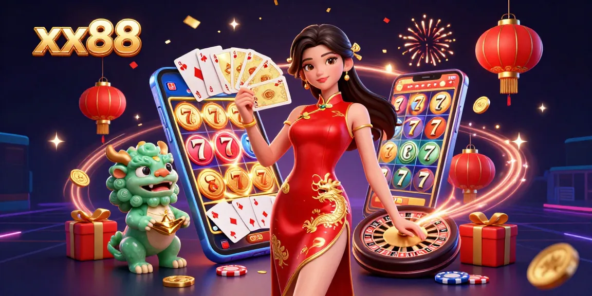 Experience the thrills of xx88 with golden cards, slot games, and vibrant casino elements!
