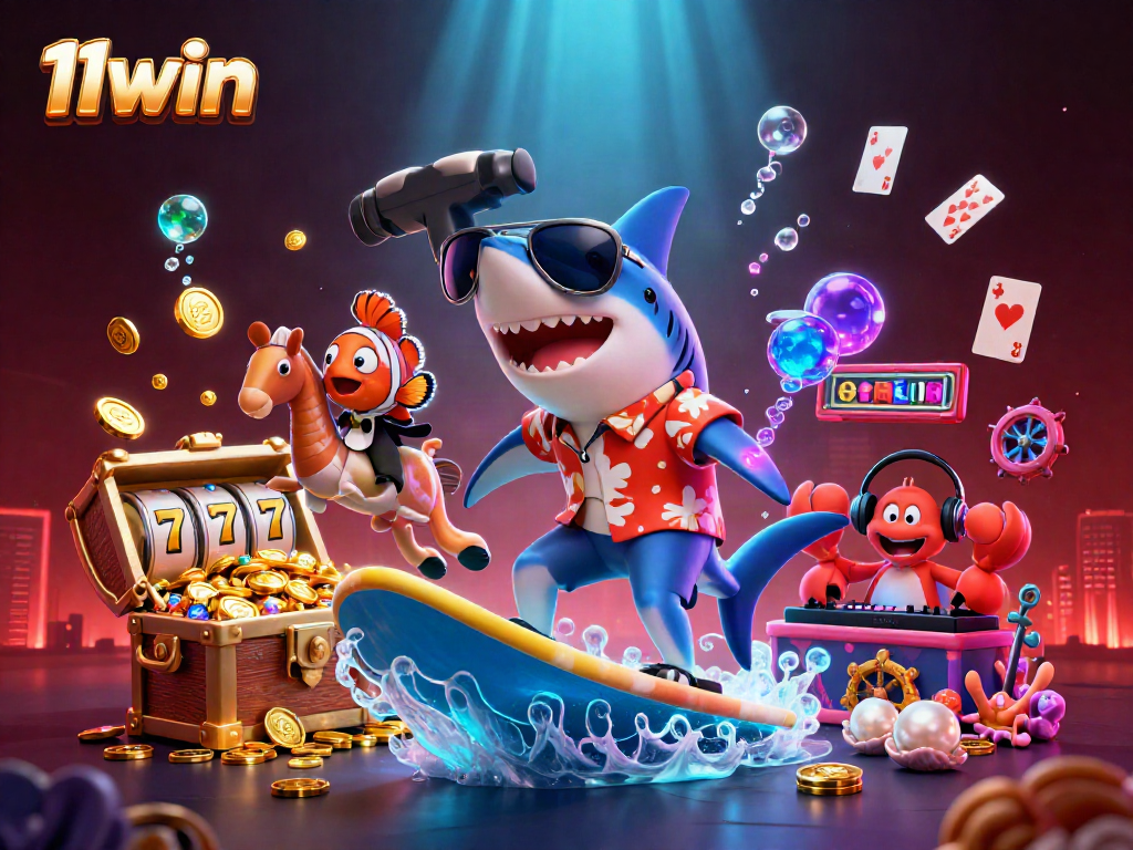 Experience the thrill of 11win with vibrant casino-themed characters and gold coins.