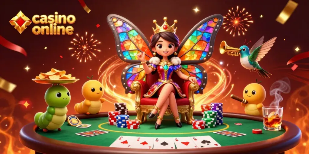 Disfruta de un emocionante juego en un casino online con mesas de poker y la reina mariposa.