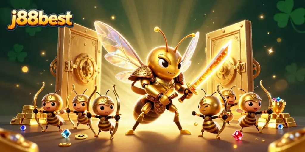 Engage in thrilling gameplay with j88best as a golden hornet samurai leads bee archers in a vibrant casino scene.