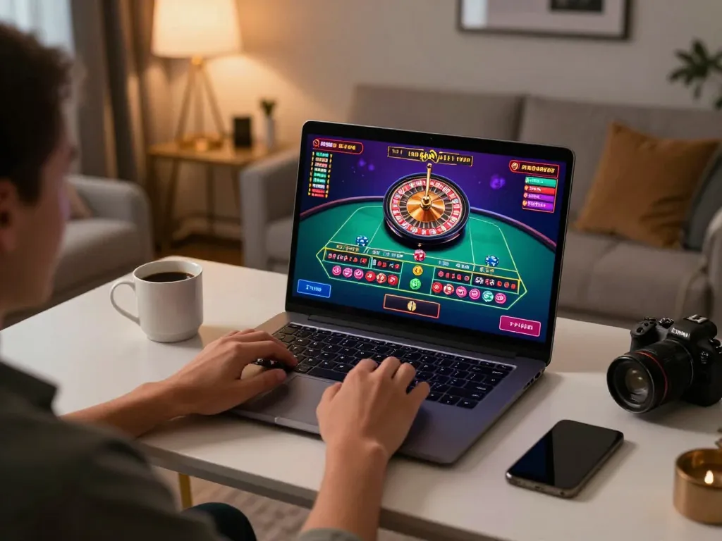 Engaged player at RR88 enjoying live roulette from a modern home setup, showcasing online gambling excitement