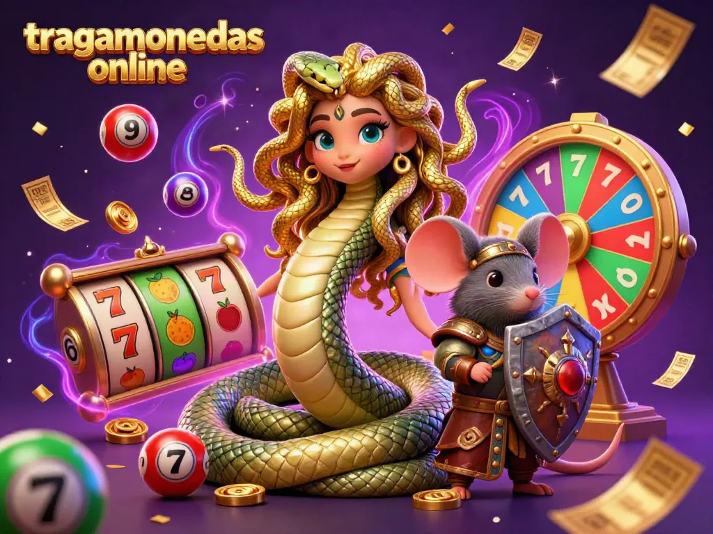 Juega tragamonedas online con Medusa y un guerrero en un vibrante entorno de casino.