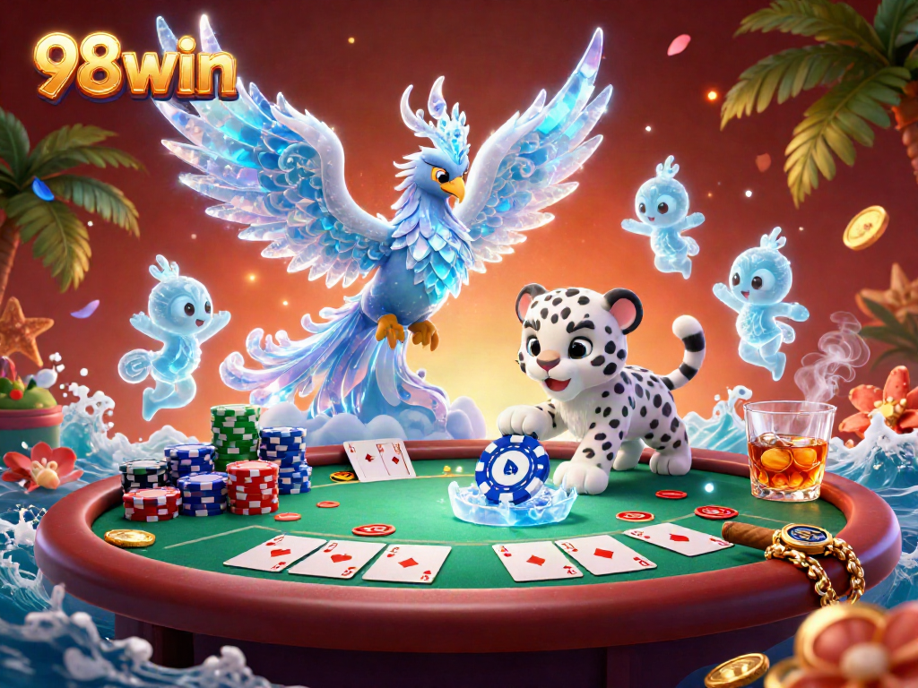 Experience thrilling poker action at 98win with colorful chips, cards, and a magical atmosphere.