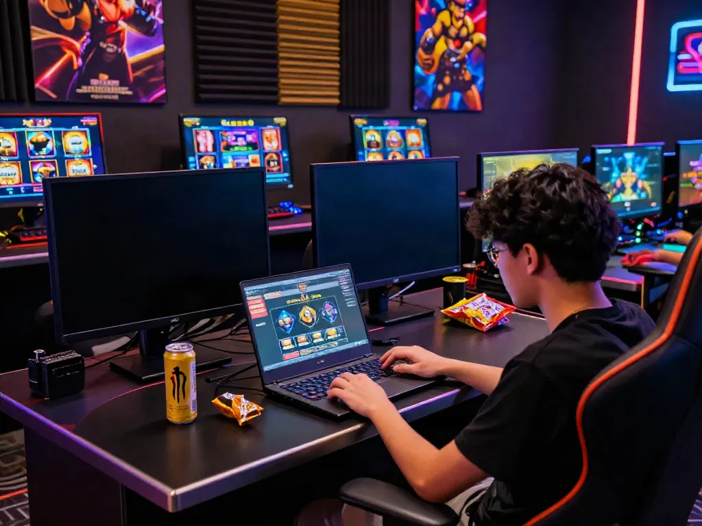 Nohuwin gaming experience with a user engaged on a laptop surrounded by vibrant gaming equipment and promotional materials.