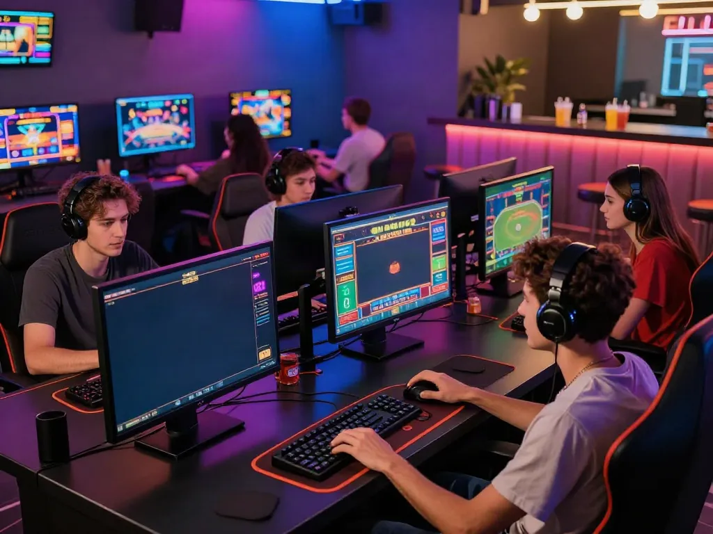 Players enjoying diverse games at KU88's vibrant online gaming lounge.