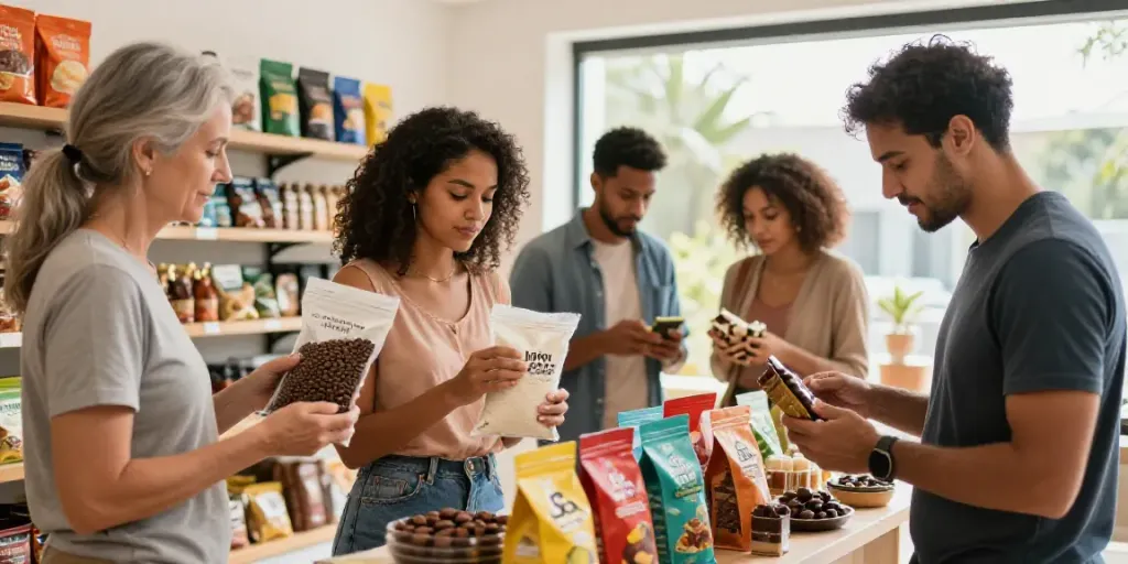 Personas comprando Produtos brasileños en una tienda, disfrutando de una experiencia de compra vibrante.