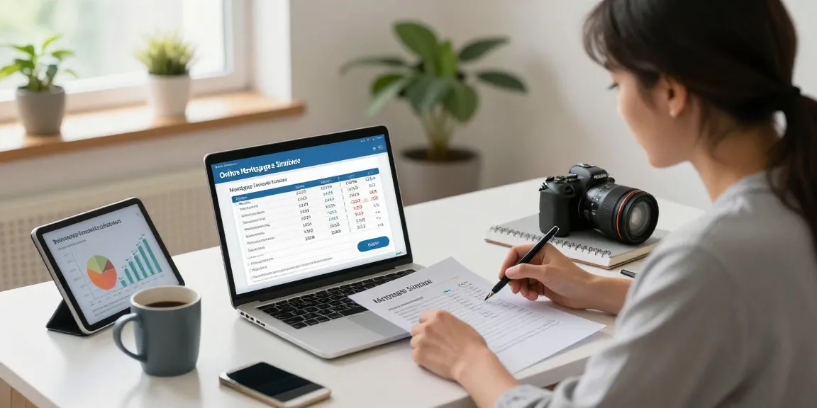 Home office scene with a couple using a simulador hipoteca for mortgage rate comparisons and calculations.