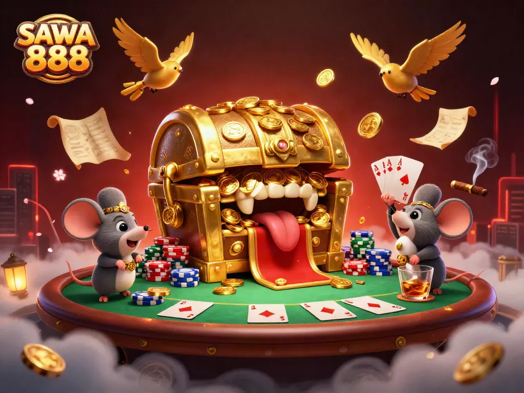 SAWA 888 embodies excitement with a golden treasure chest, poker elements, and dynamic casino atmosphere.