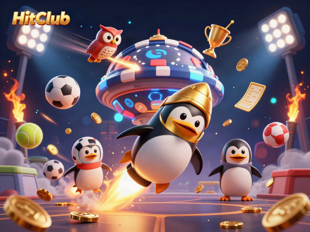 Experience excitement with HitClub as the penguin zooms past a vibrant casino universe.