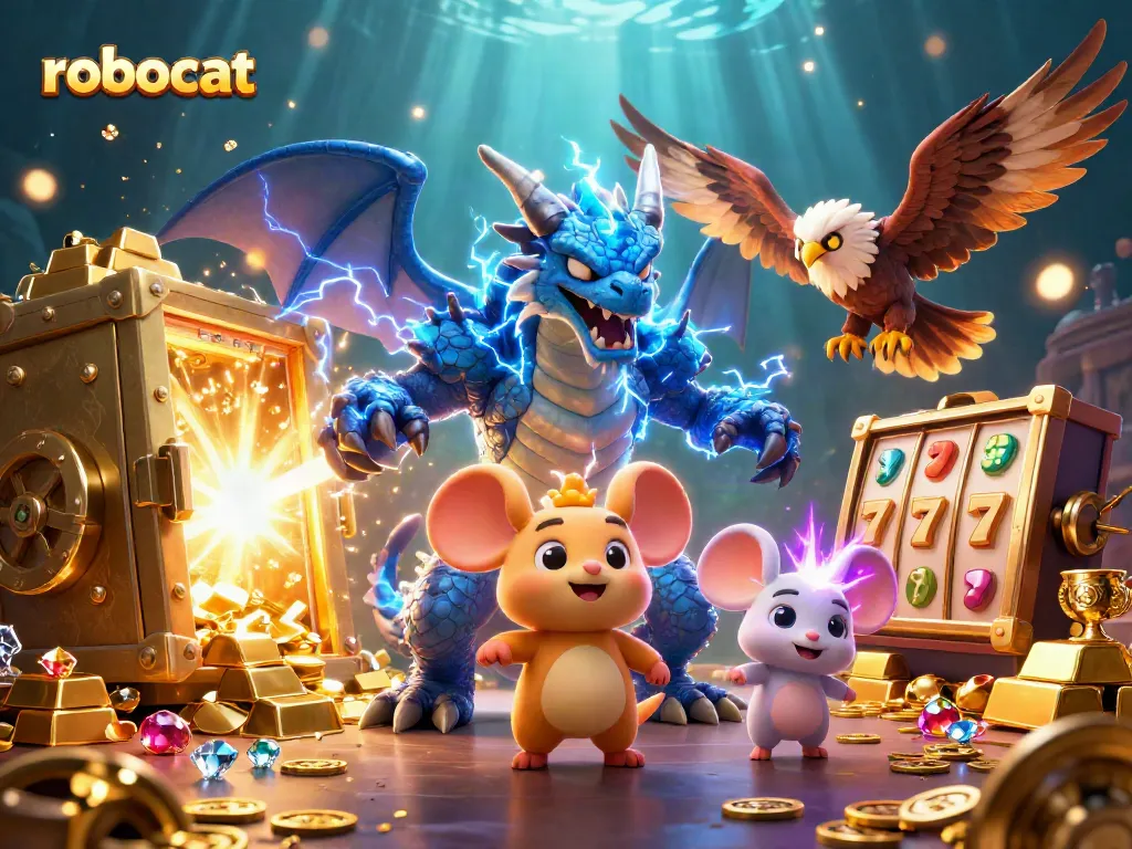Experience the excitement of robocat slots with dazzling treasures and dynamic characters in a vibrant casino scene.