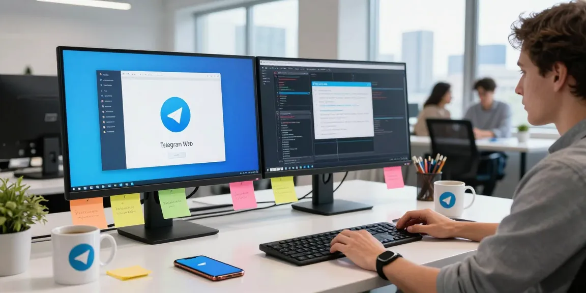 Accessing Telegram Web on dual monitors in a modern tech workspace.