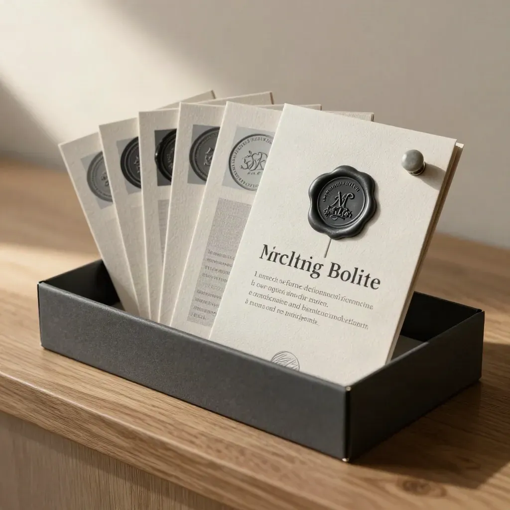 Kit de identidad de marca en caja mate, tarjetas de lino y sello negro sobre peana de madera.