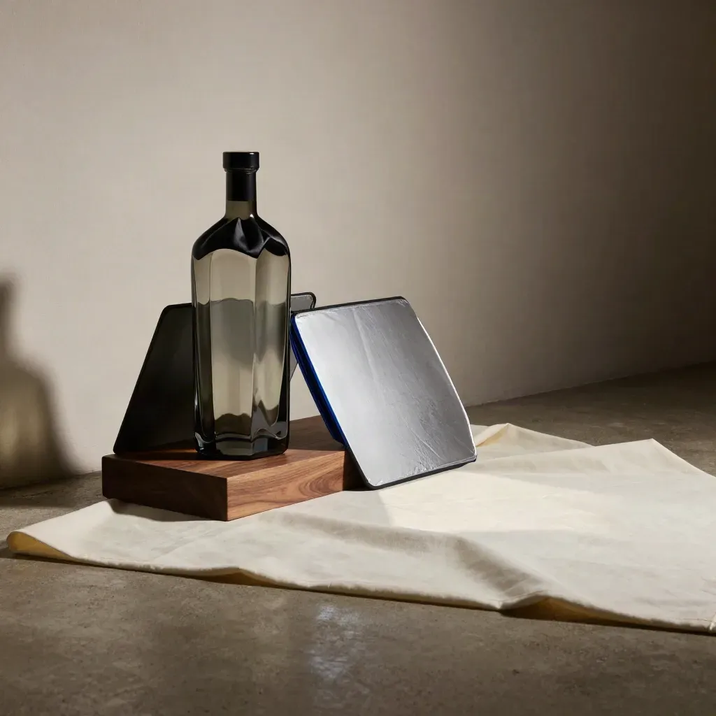 Set de estudio con botella de cristal, plinto cerámico y cartulinas de luz en ambiente cinematográfico.