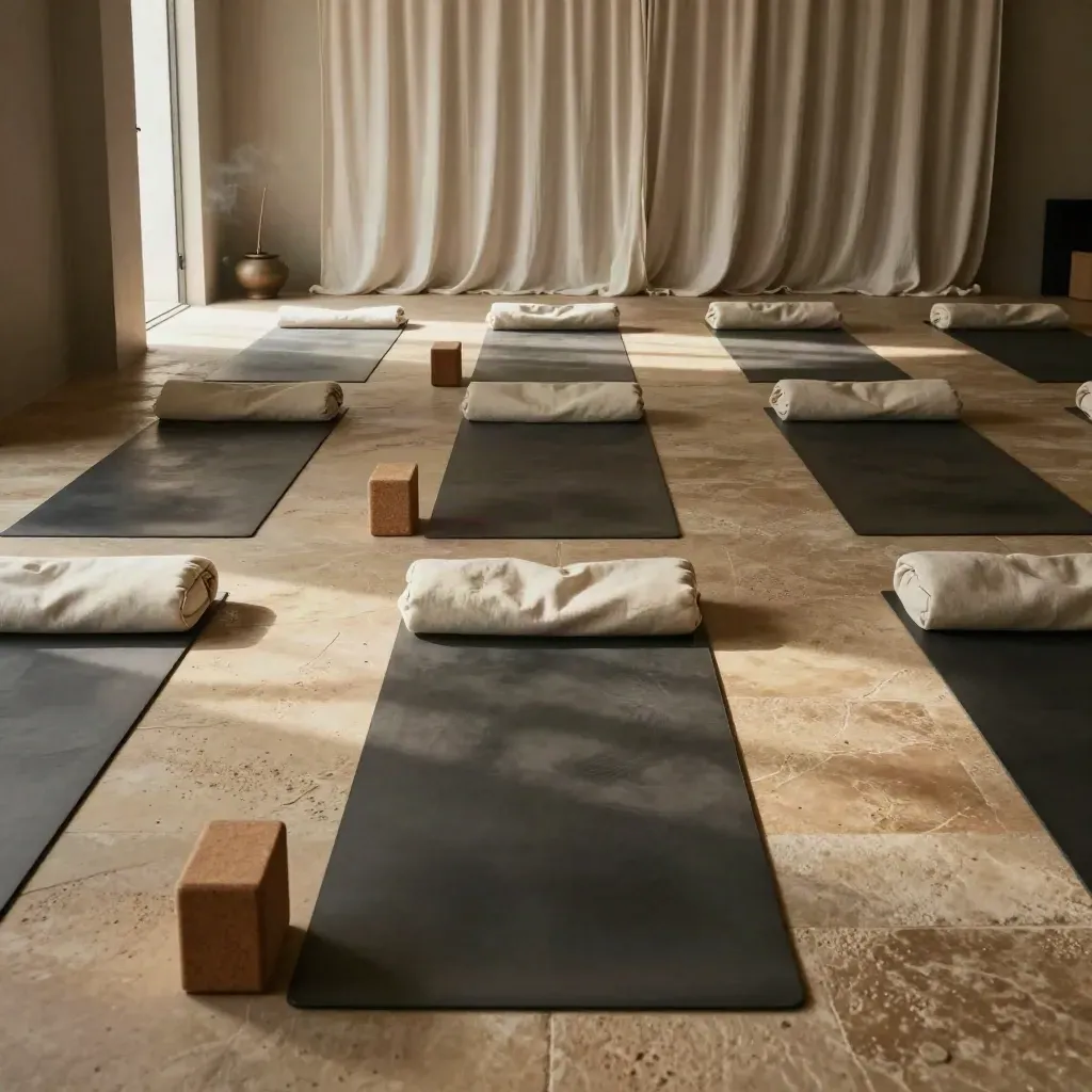 Estudio de yoga vacío con esterillas, bloques y luz dramática entrando por la puerta.