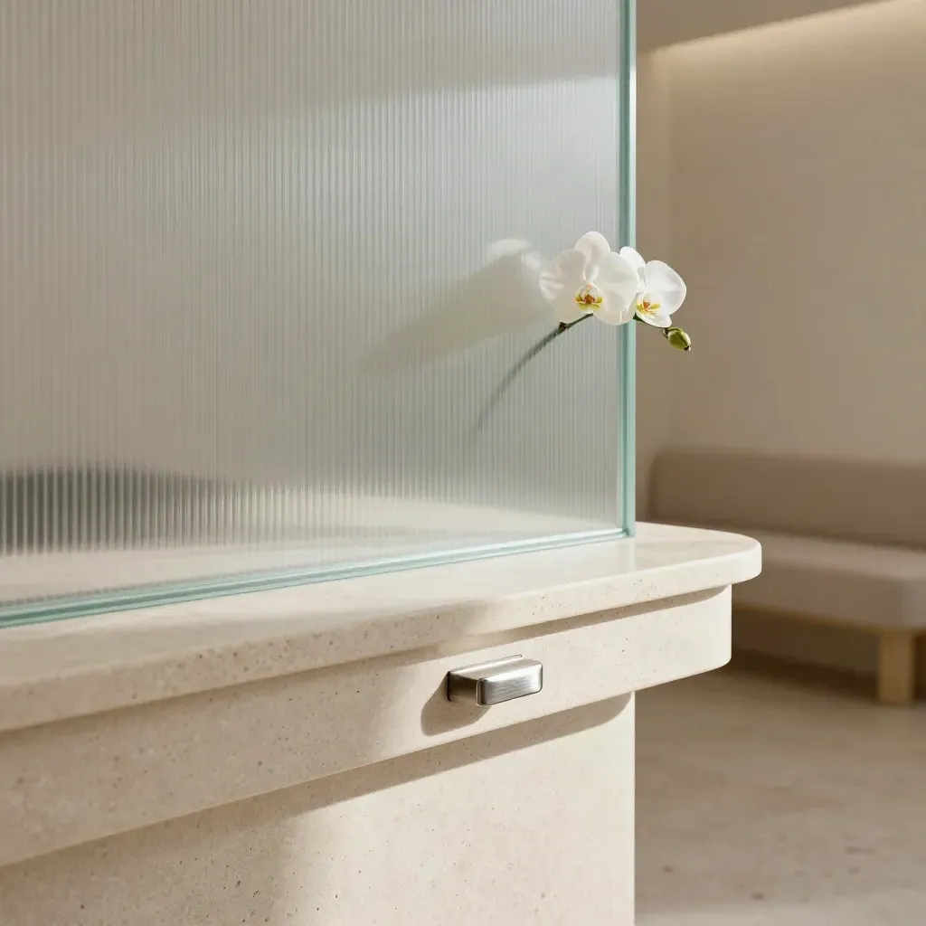 Detalle macro de una recepción clínica minimalista con vidrio esmerilado, piedra clara y orquídea.