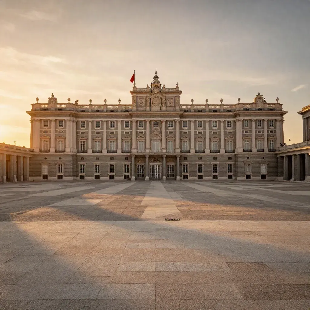 Panorámica de Madrid al atardecer, con el Palacio Real y torres lejanas sobre una plaza clara.