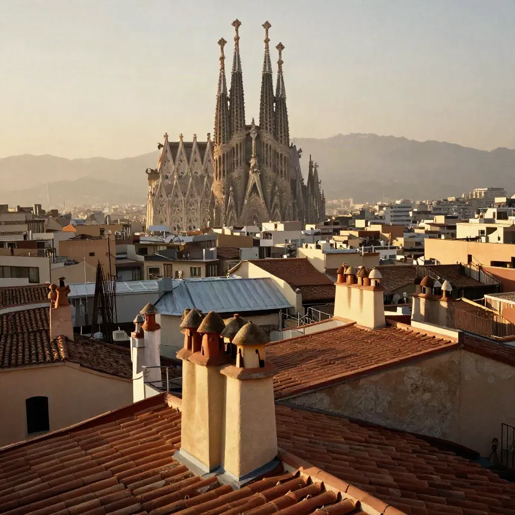 Tejados de Barcelona y la Sagrada Família en la niebla, con espacio calmado para titular.