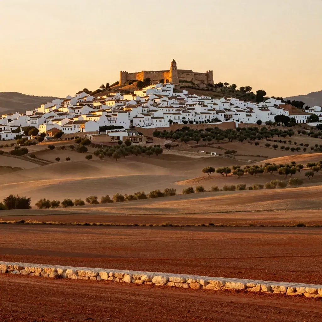 Vista dorada de un pueblo blanco andaluz con fortaleza y laderas de olivos