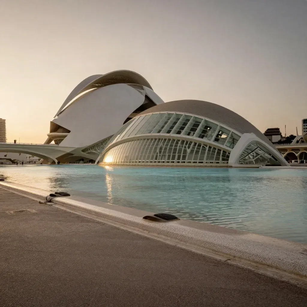 Ciudad de las Artes y las Ciencias reflejada en un estanque tranquilo al atardecer, con niebla marina suave.
