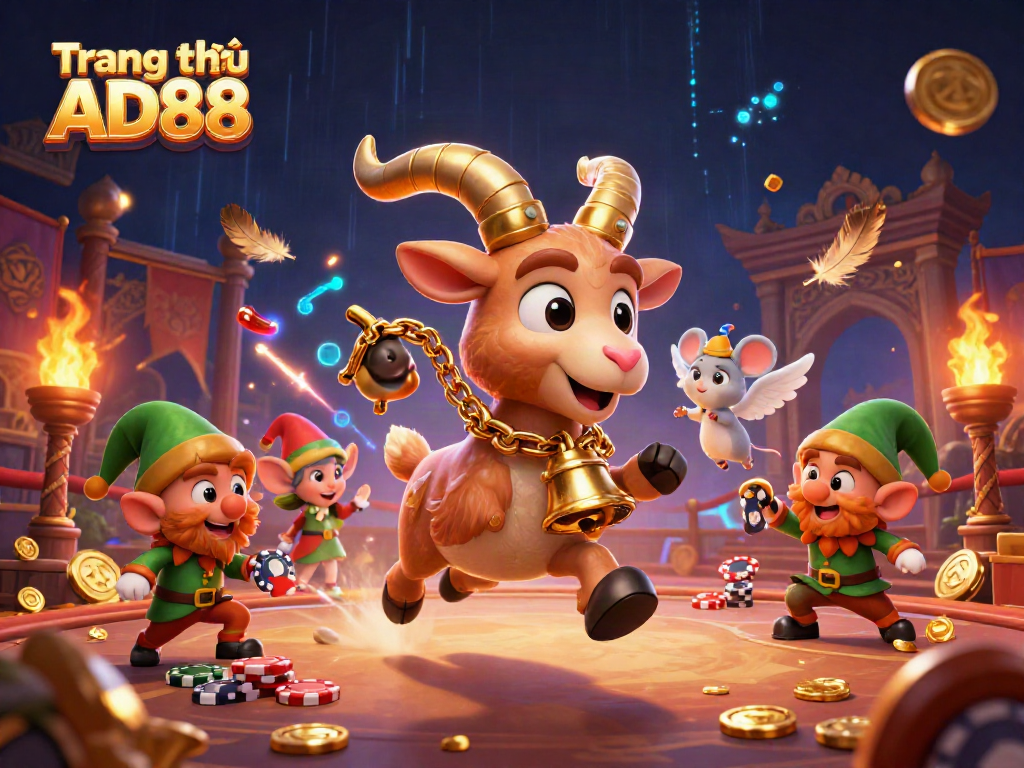Experience the thrill of Trang chủ AD88 with engaging casino elements and characters in a festive illustration.