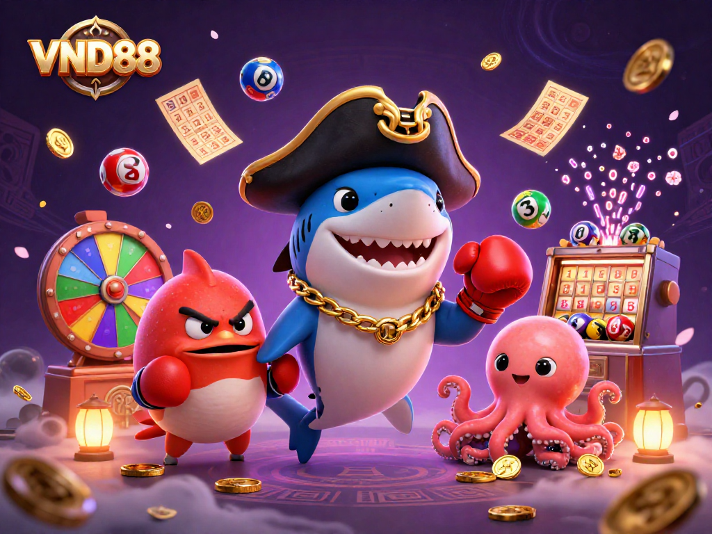 Experience the excitement of VND88 with vibrant characters and casino elements in a dynamic scene.