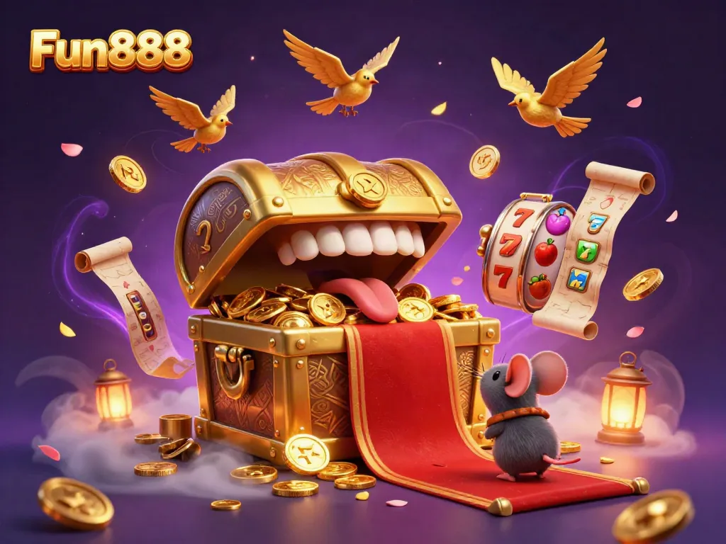 Fun888 captivating scene with a golden treasure chest and vibrant slot elements, enticing players to riches.