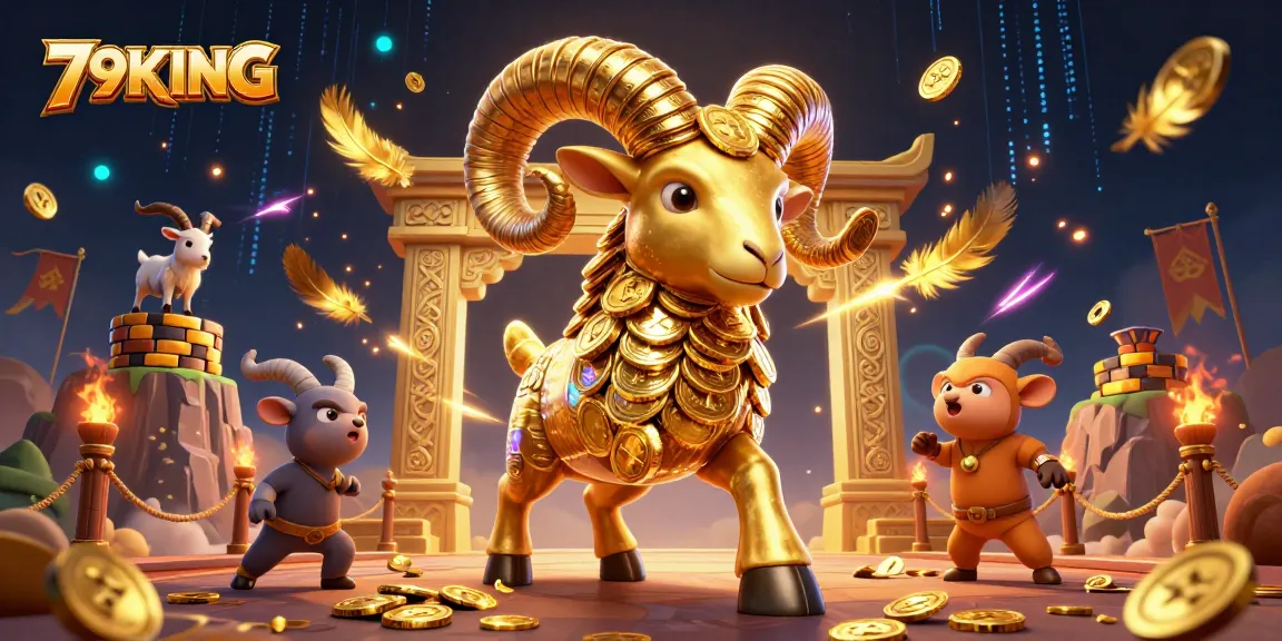 Engage with 79KING's vibrant casino scene featuring a charging golden ram amidst a rich arcade of games and prizes.