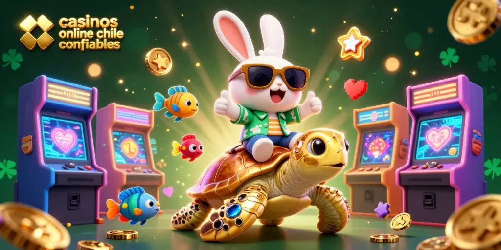 Ilustración 3D de un conejo de la suerte, mostrando casinos online chile confiables y diversión en un mar dorado.