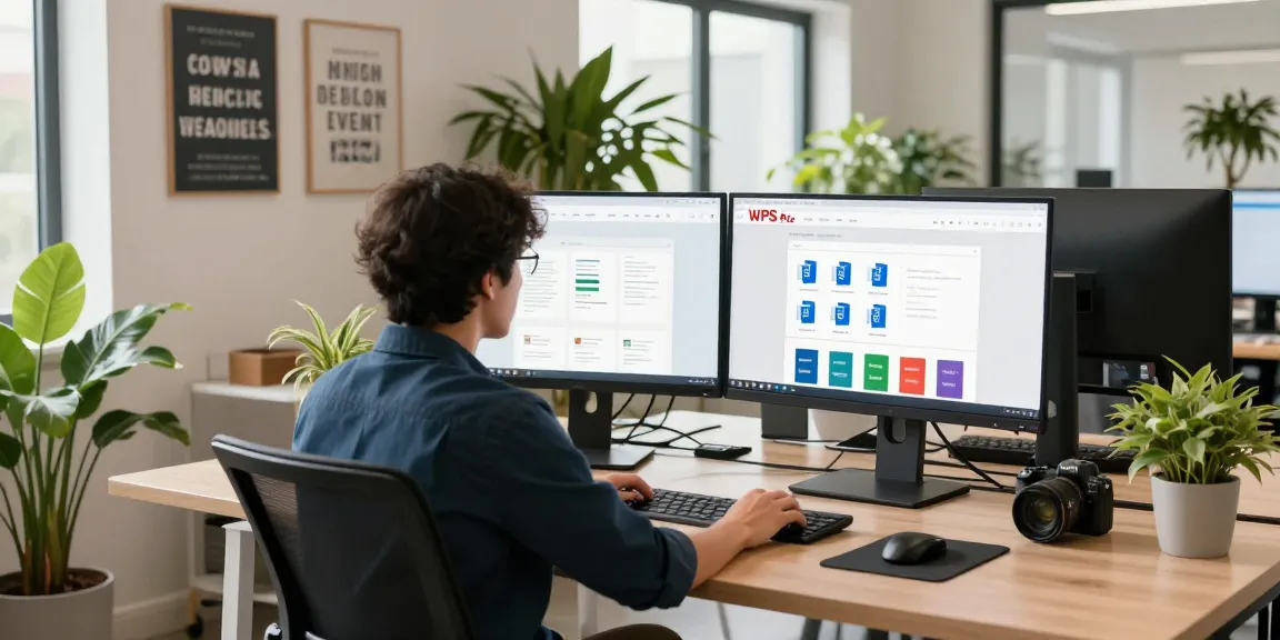 Engaged professional exploring the WPS Official Website in a modern workspace, showcasing productivity tools and document management.