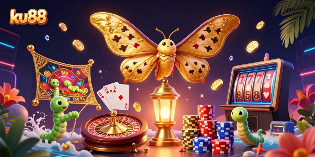 Experience the excitement of ku88 with vibrant casino elements like golden coins and a roulette wheel.