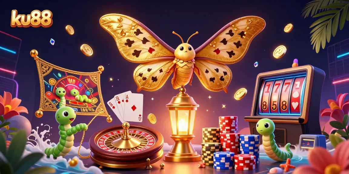 Experience the excitement of ku88 with vibrant casino elements like golden coins and a roulette wheel.