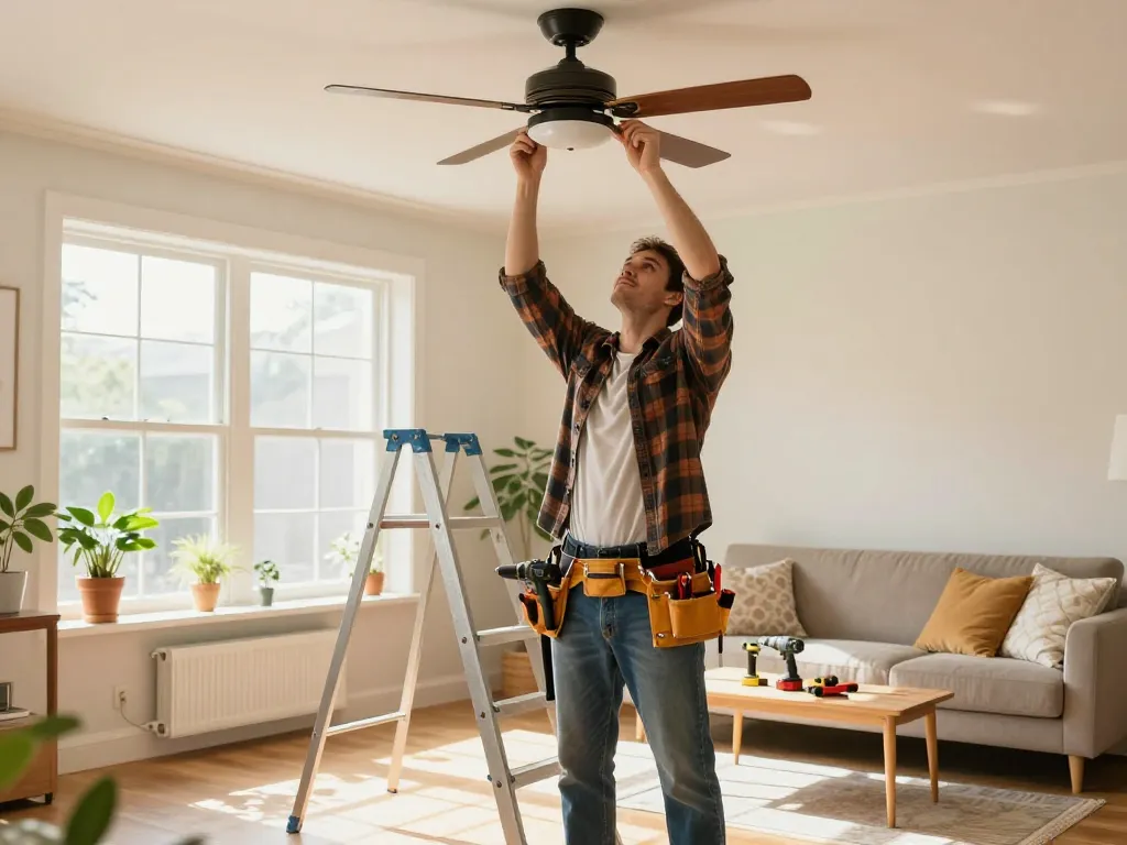 Profesional de mantenimiento ofreciendo servicios para el hogar al instalar un ventilador de techo en una sala de estar brillante y elegante.