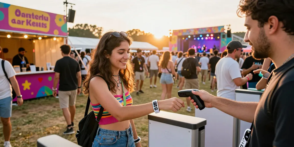 NFC wristbands enhancing control de acceso con pulsera con chip at a lively festival event with happy attendees.