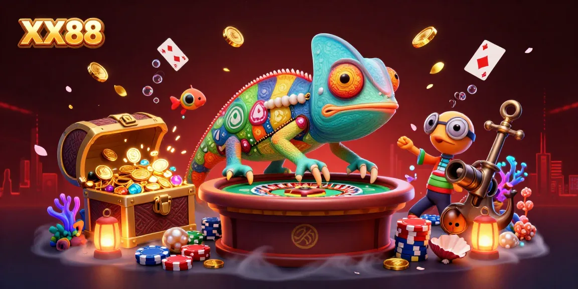 Engage with exciting games at XX88, where a dynamic chameleon casino owner delights in golden coins and vibrant gameplay.