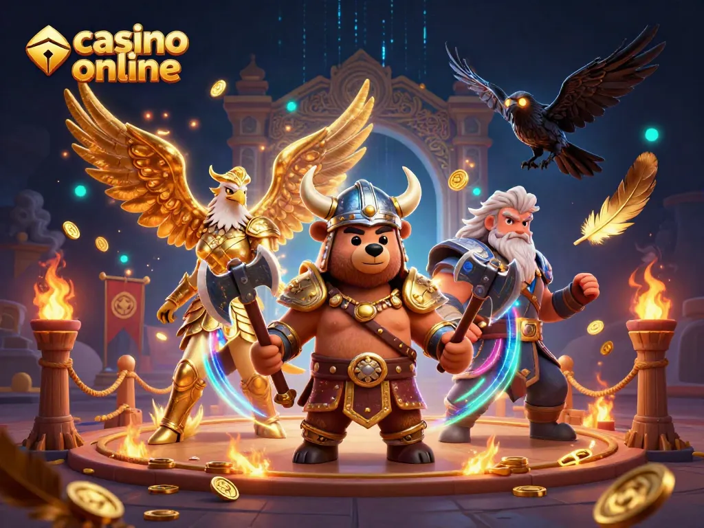 Juega en casino online con un oso vikingo y un águila valquiria entre elementos de juegos y oscuridad mágica.