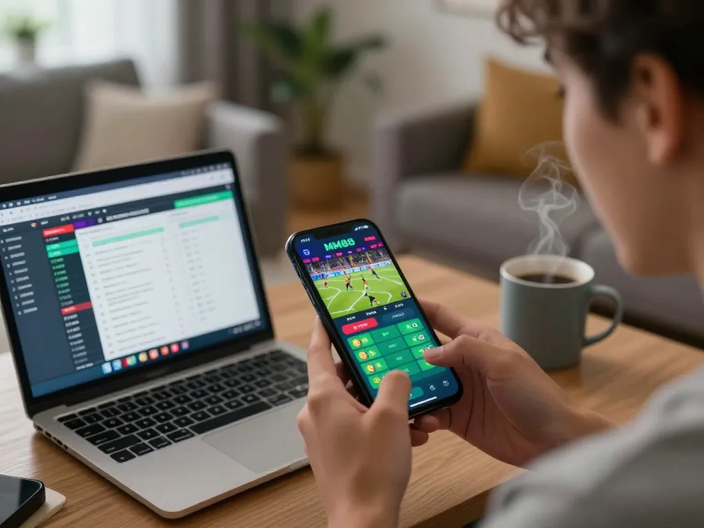 Person engaging in sports betting using the MM88 app in a cozy living room setting.
