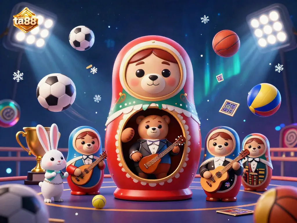 Experience thrilling casino action with ta88 in this vibrant illustration featuring a Russian Matryoshka bear and casino elements.