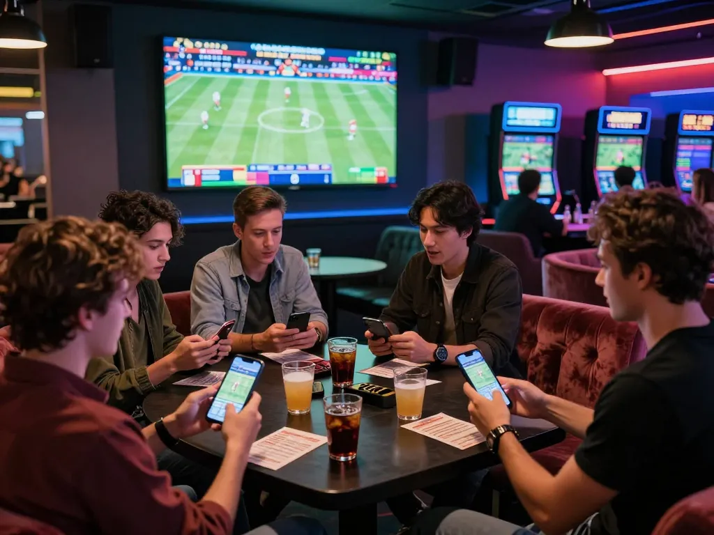 Vibrant MM88 gambling scene with friends enjoying live sports betting interaction.
