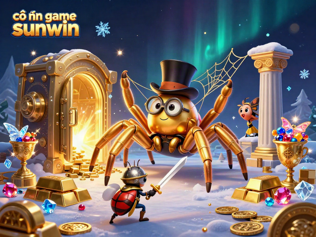 Engage with cổng game sunwin and witness a vibrant 3D digital scene of a golden tarantula weaving luck.