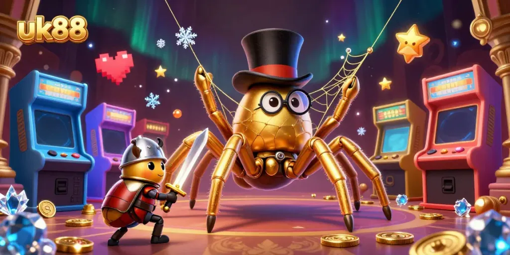 Play casino games and win at UK88 with this vivid 3D illustration of a golden tarantula and heroic beetle.