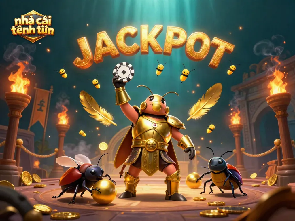 Engage with nhà cái tặng tiền while witnessing a triumphant beetle in golden armor, surrounded by riches and enchanting elements.