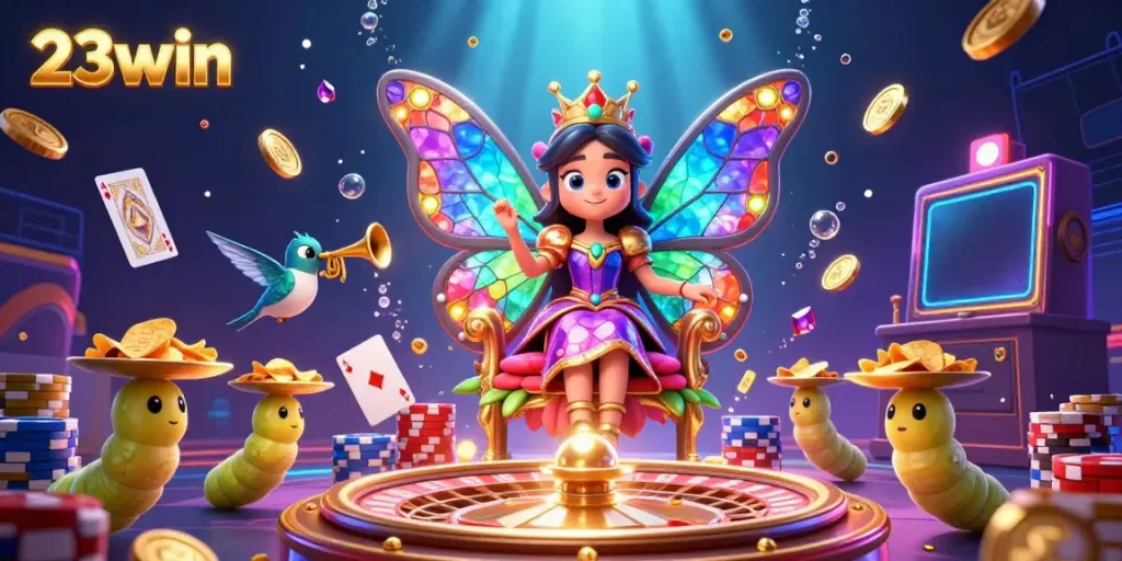 Experience thrilling gameplay with 23win's vibrant illustration featuring a butterfly queen amidst casino games and golden coins.