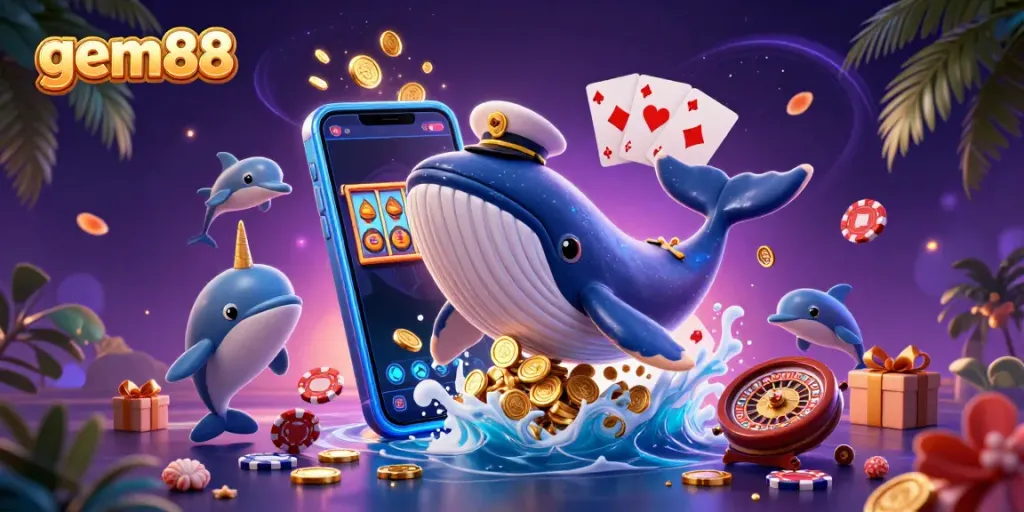 Experience the vibrant world of gem88 with a 3D illustration of a whale and lively sea creatures amidst casino riches.