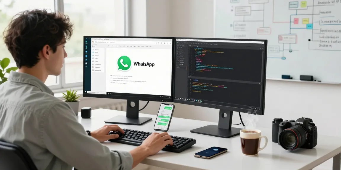 Developer using WhatsApp電腦版 on dual monitors in a modern workspace