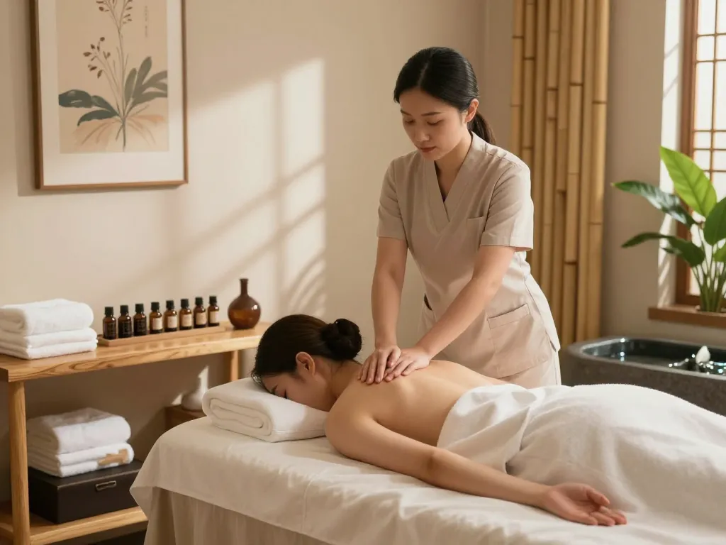 Spa Ad showcasing a tranquil massage scene in a serene treatment room with soothing decor.