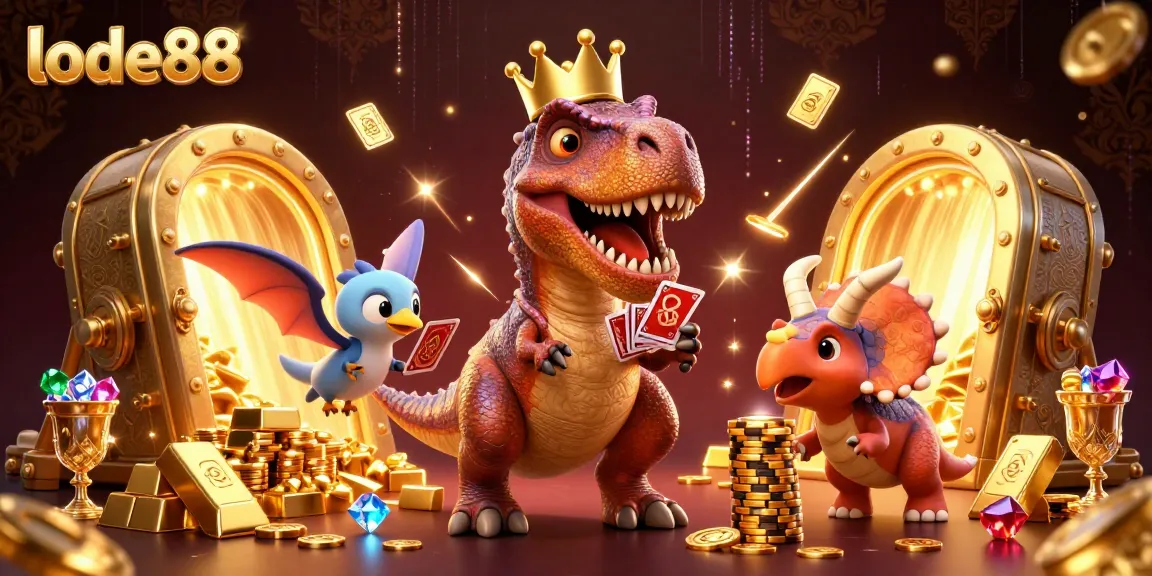 Experience the thrill of lode88 with friendly dinosaur characters in a vibrant casino setting, packed with treasures.